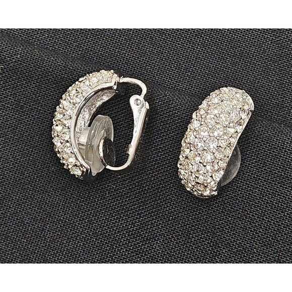 Vintage Christian Dior Half Hoop Clip Earrings Pave Set Crystals Silver tone - Picture 2 of 8
